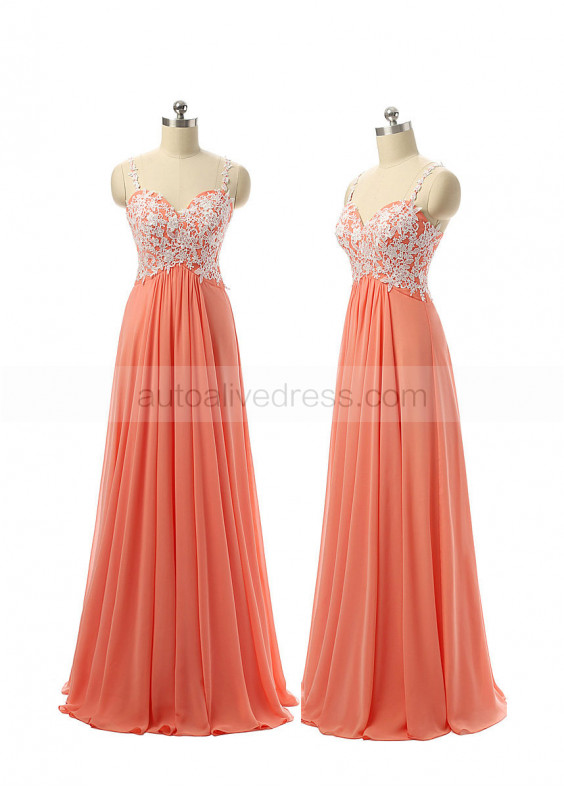 Coral Chiffon Lace Straps Long Bridesmaid Dress